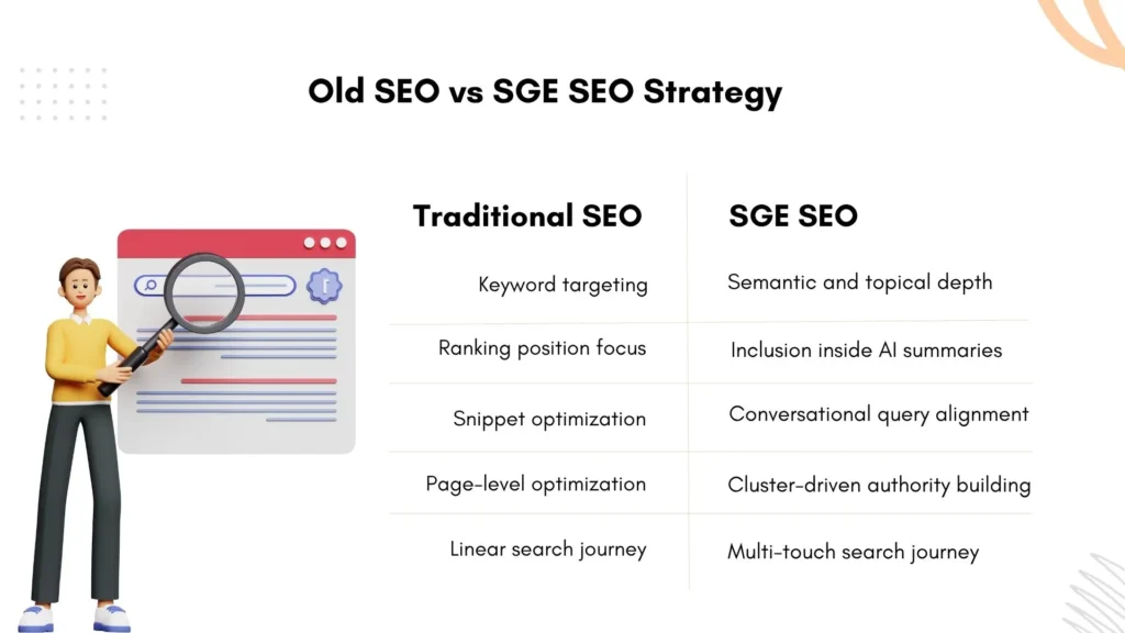 Side-by-side comparison of traditional SEO tactics versus SGE-focused strategies.