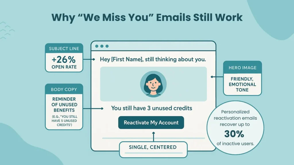 “We Miss You” email layout with key elements and performance data.