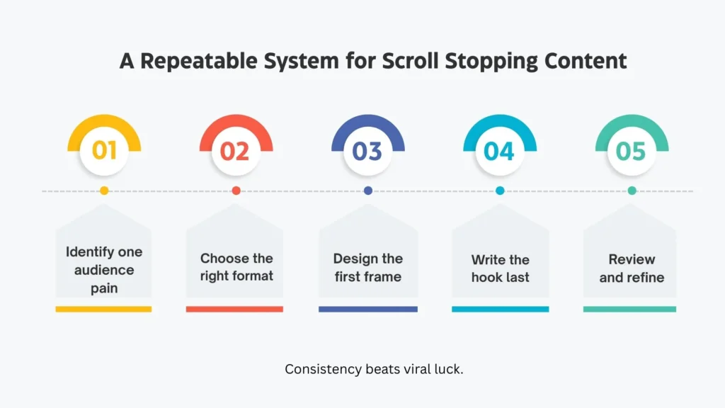 Infographic showing a step-by-step system for creating scroll stopping posts.
