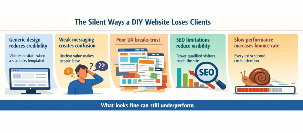 Infographic showing hidden ways DIY websites lose trust and clients