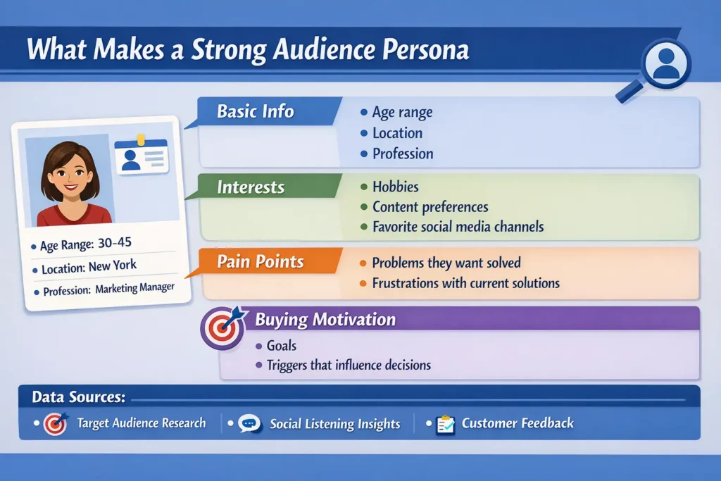 Persona profile layout highlighting demographics, interests, pain points, and motivations.