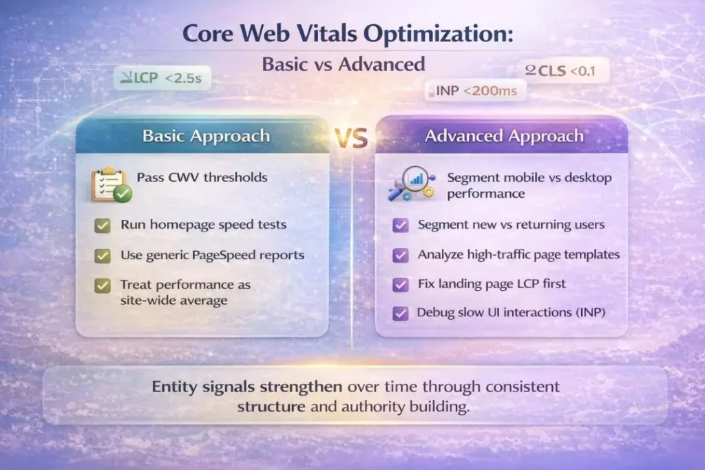 Comparison of basic Core Web Vitals checks versus advanced performance optimization methods.
