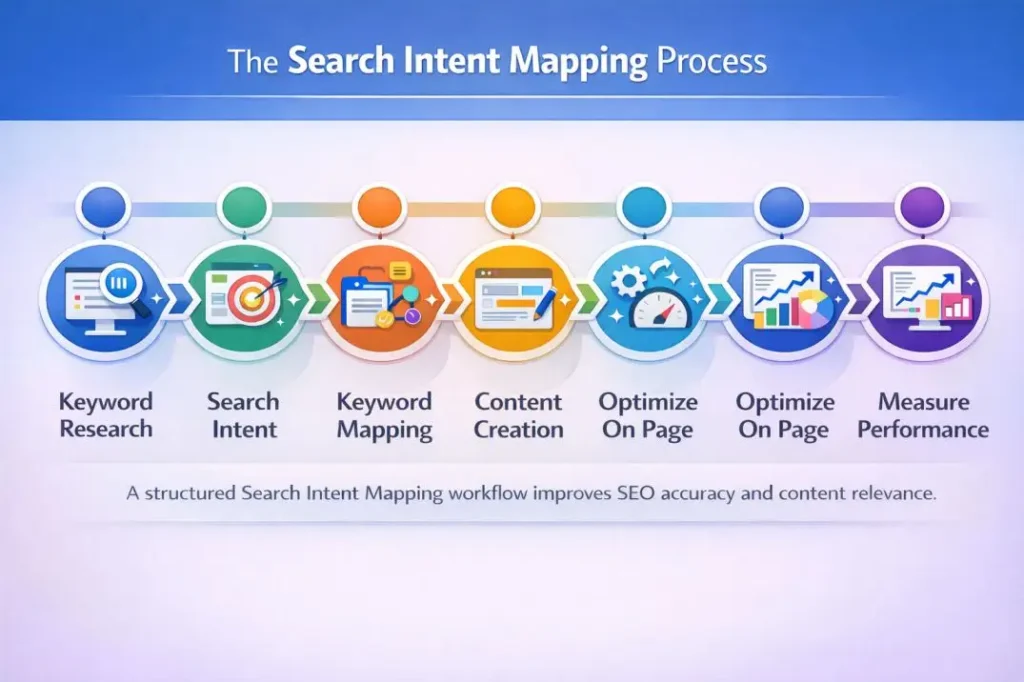 Step by step workflow of search intent mapping for SEO.