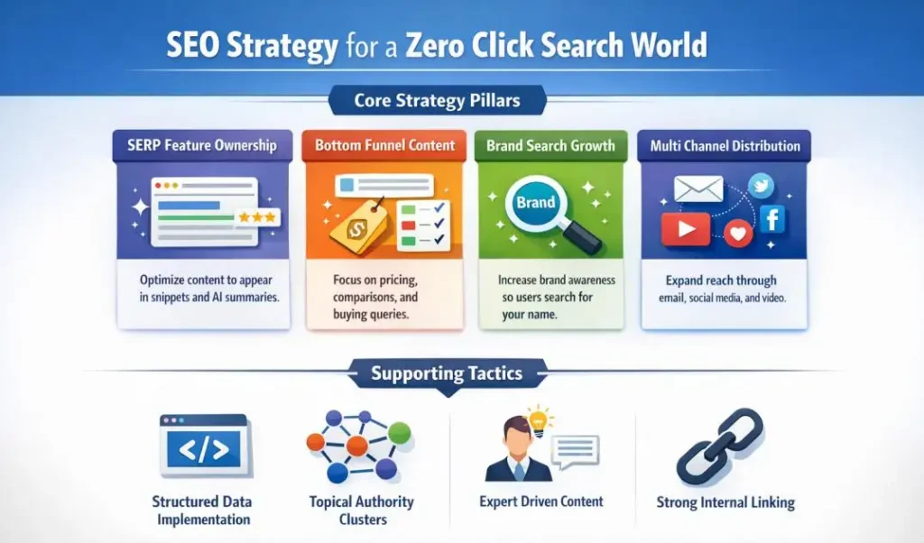 Framework showing four pillars of a zero click SEO strategy including SERP features and brand search growth.