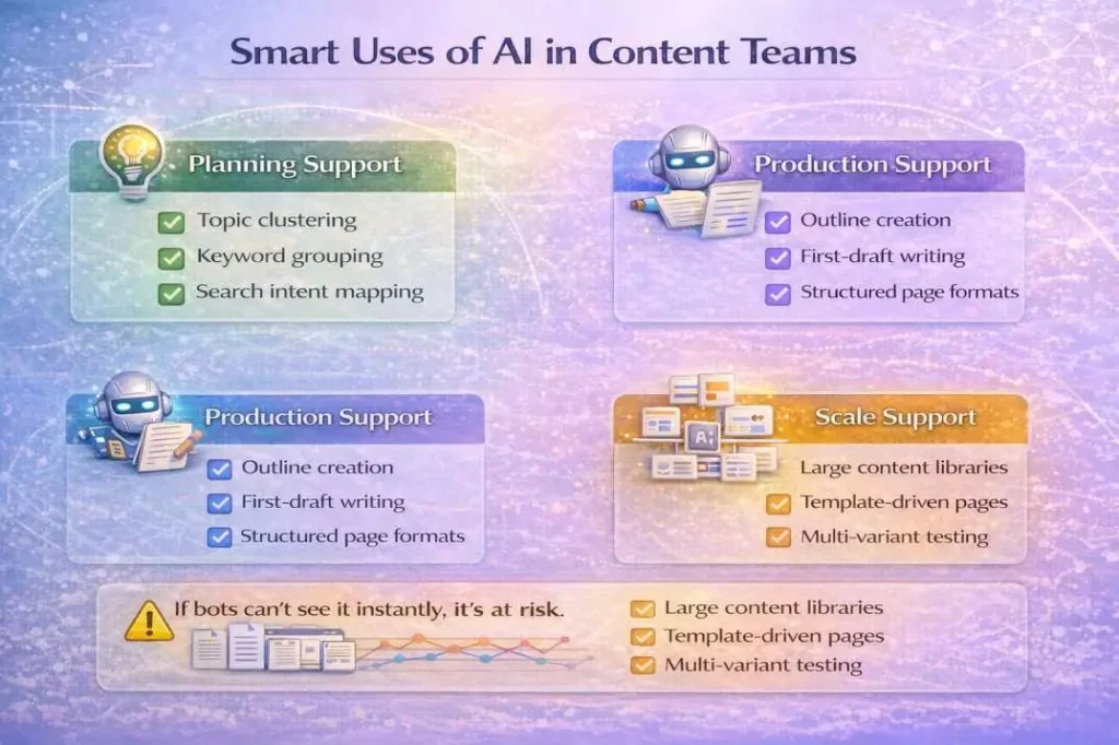 Diagram showing AI supporting planning, writing, optimization, and scale