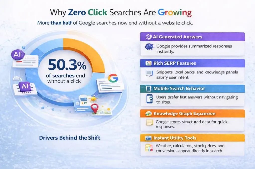 Infographic explaining the rise of zero click searches and the factors driving them such as AI answers and SERP features.
